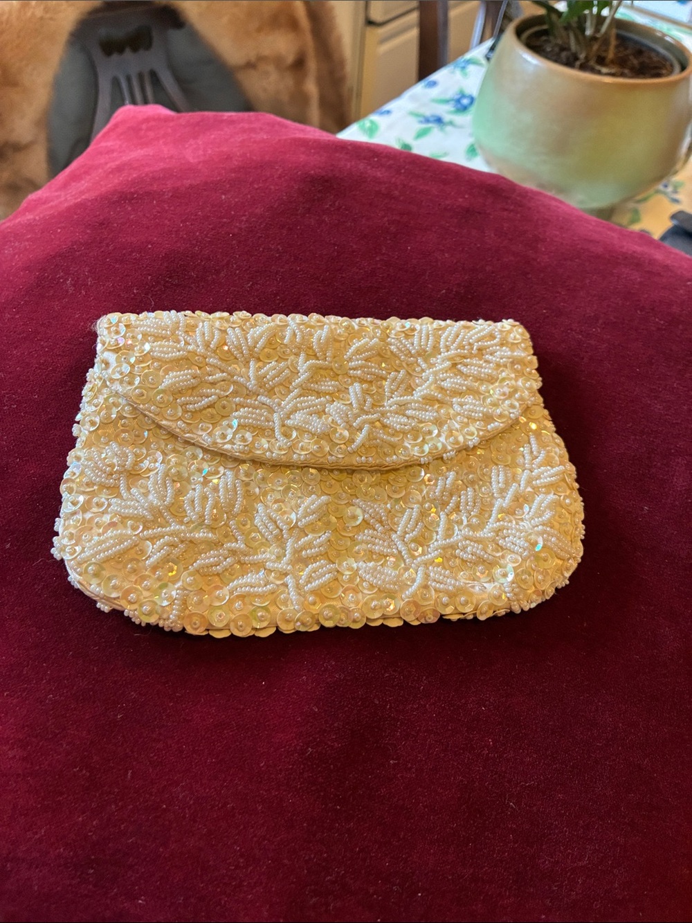 Beaded Cream Evening Clutch with Pearl Accents